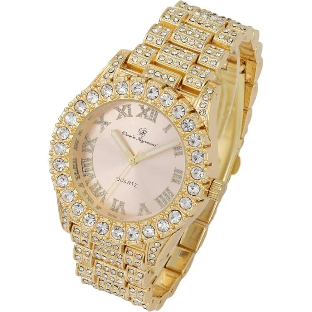 Women's Gold Blush Bezel Colored Dial Roman Numerals Iced Out Watch St10327la